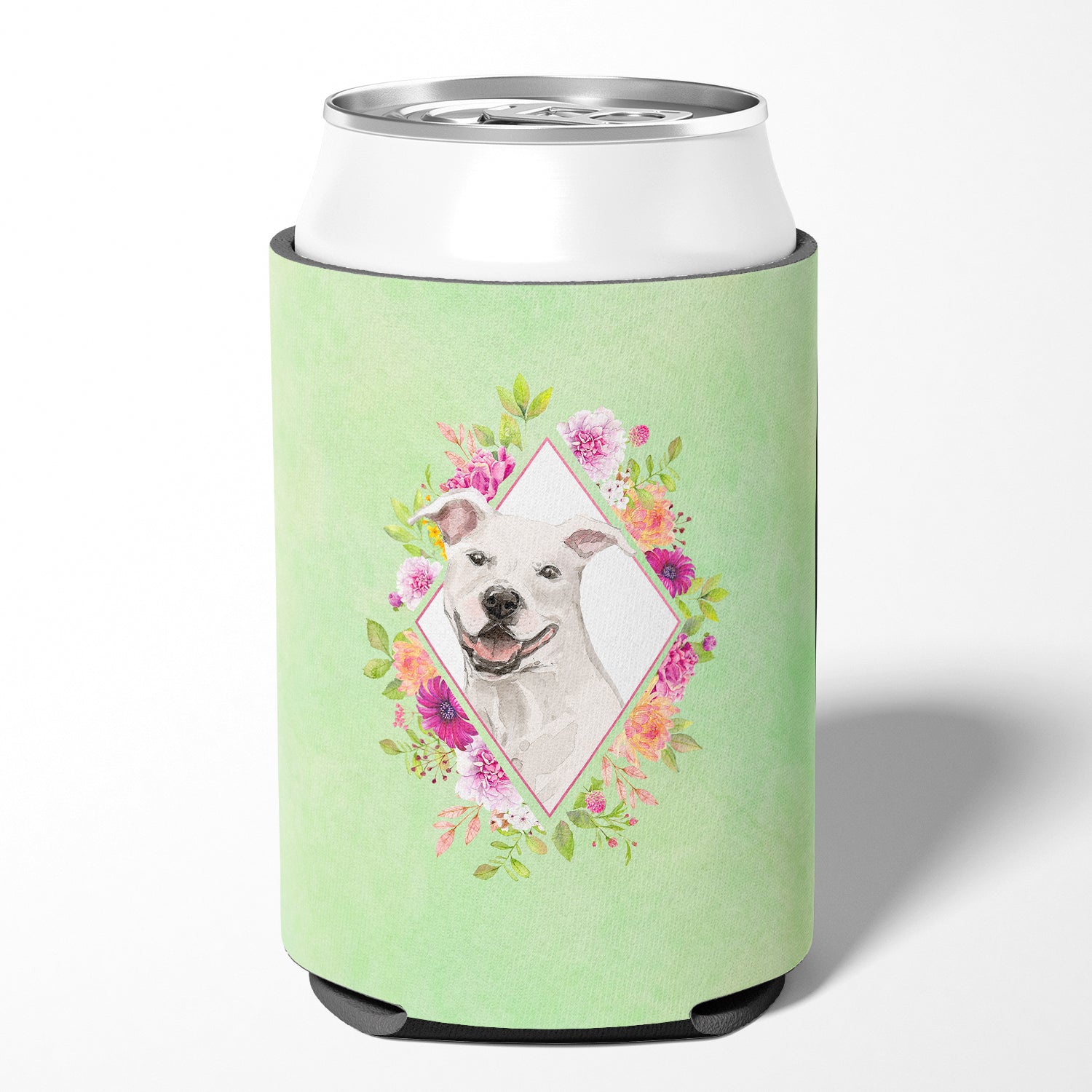 White Pit Bull Terrier Green Flowers Can or Bottle Hugger CK4428CC
