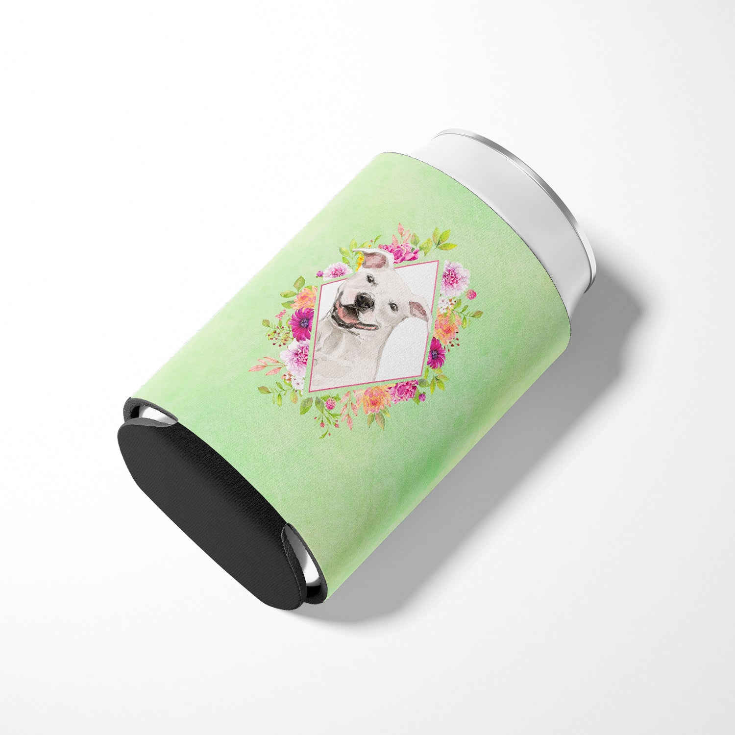 White Pit Bull Terrier Green Flowers Can or Bottle Hugger CK4428CC