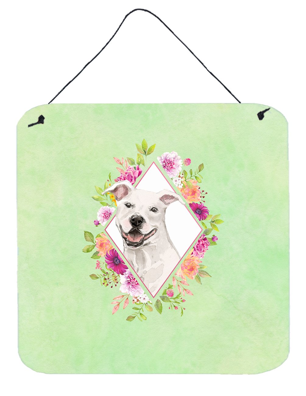 White Pit Bull Terrier Green Flowers Wall or Door Hanging Prints CK4428DS66 by Caroline&#39;s Treasures