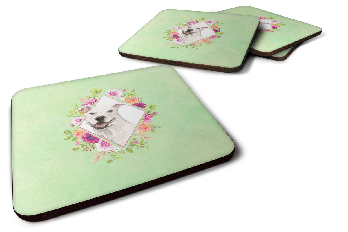 Set of 4 White Pit Bull Terrier Green Flowers Foam Coasters Set of 4 CK4428FC - the-store.com