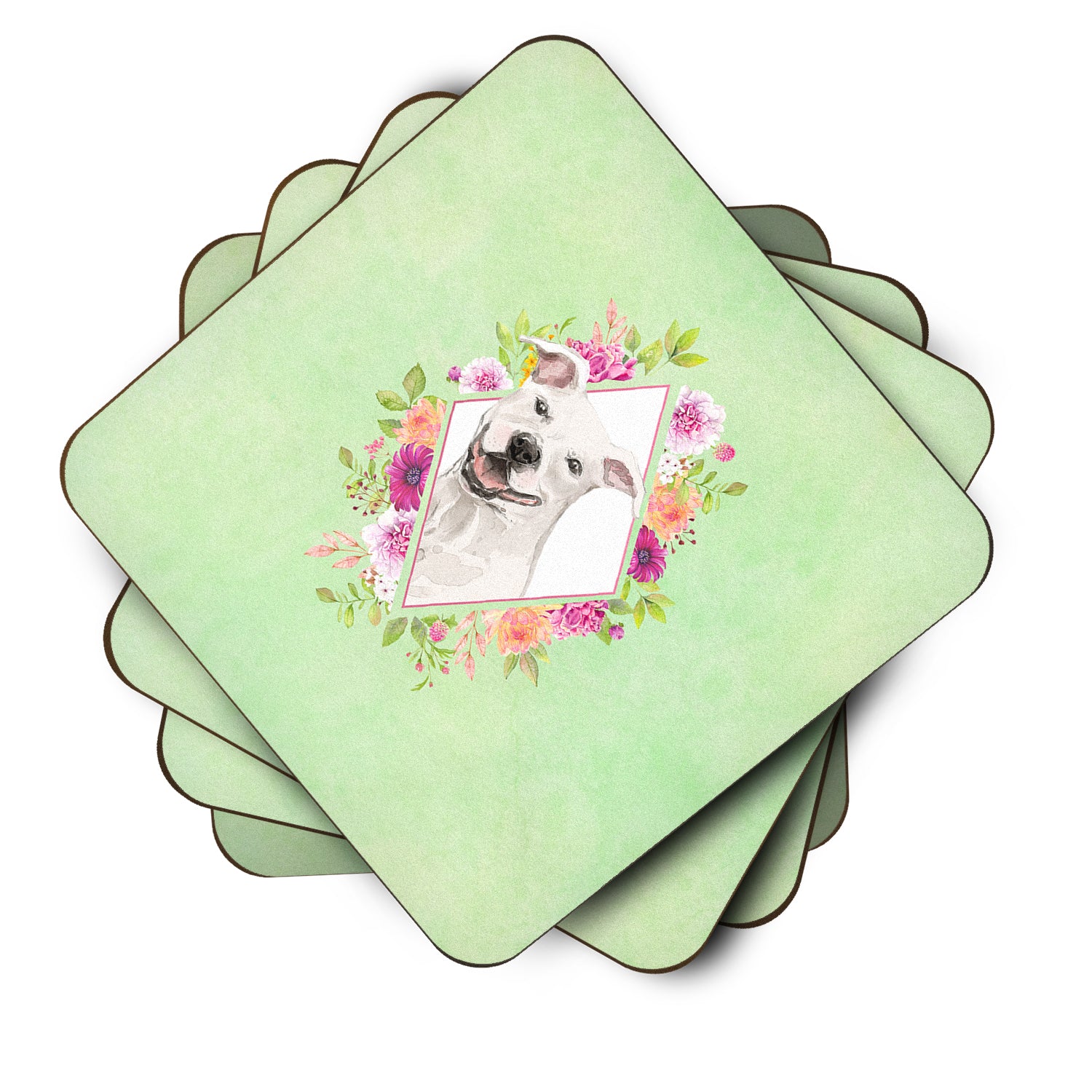 Set of 4 White Pit Bull Terrier Green Flowers Foam Coasters Set of 4 CK4428FC - the-store.com