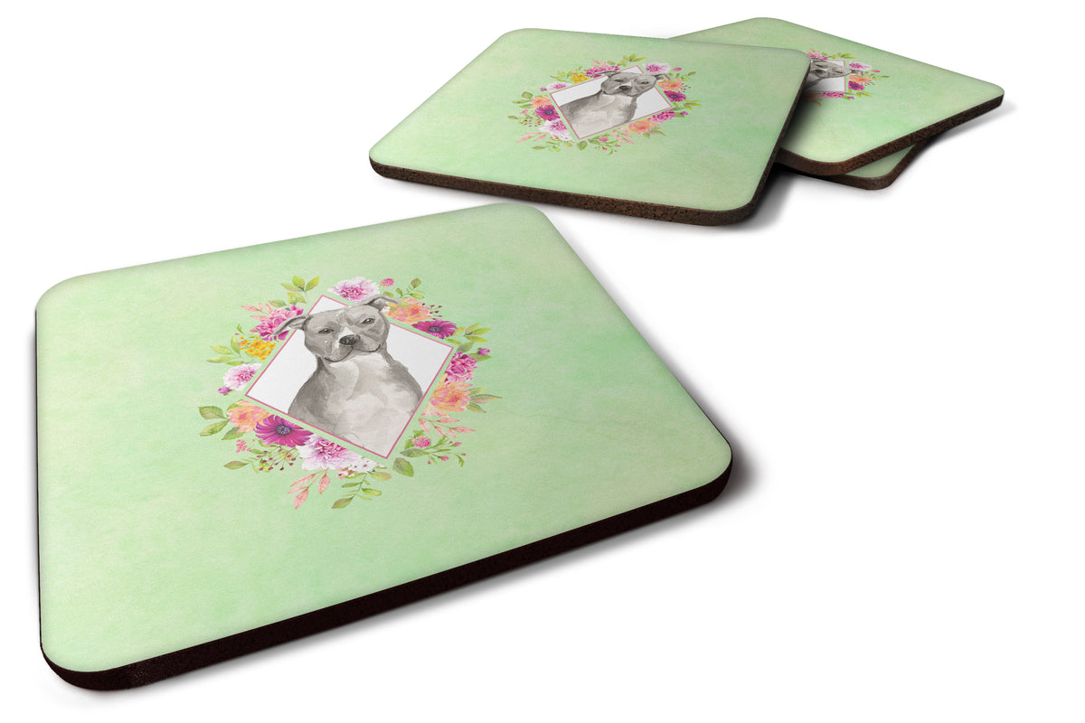 Set of 4 Blue Pit Bull Terrier Green Flowers Foam Coasters Set of 4 CK4429FC - the-store.com