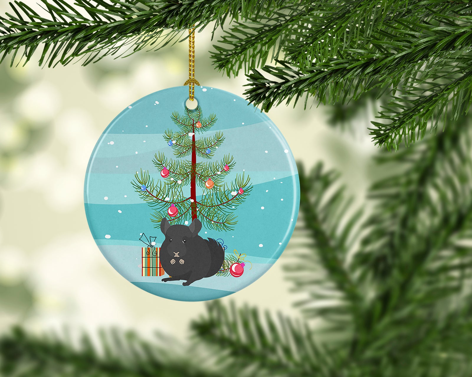 Caroline's Treasures Charcoal Chinchilla Merry Christmas Ornament - Round Ceramic Ornament – Artist-Designed Keepsake Decoration