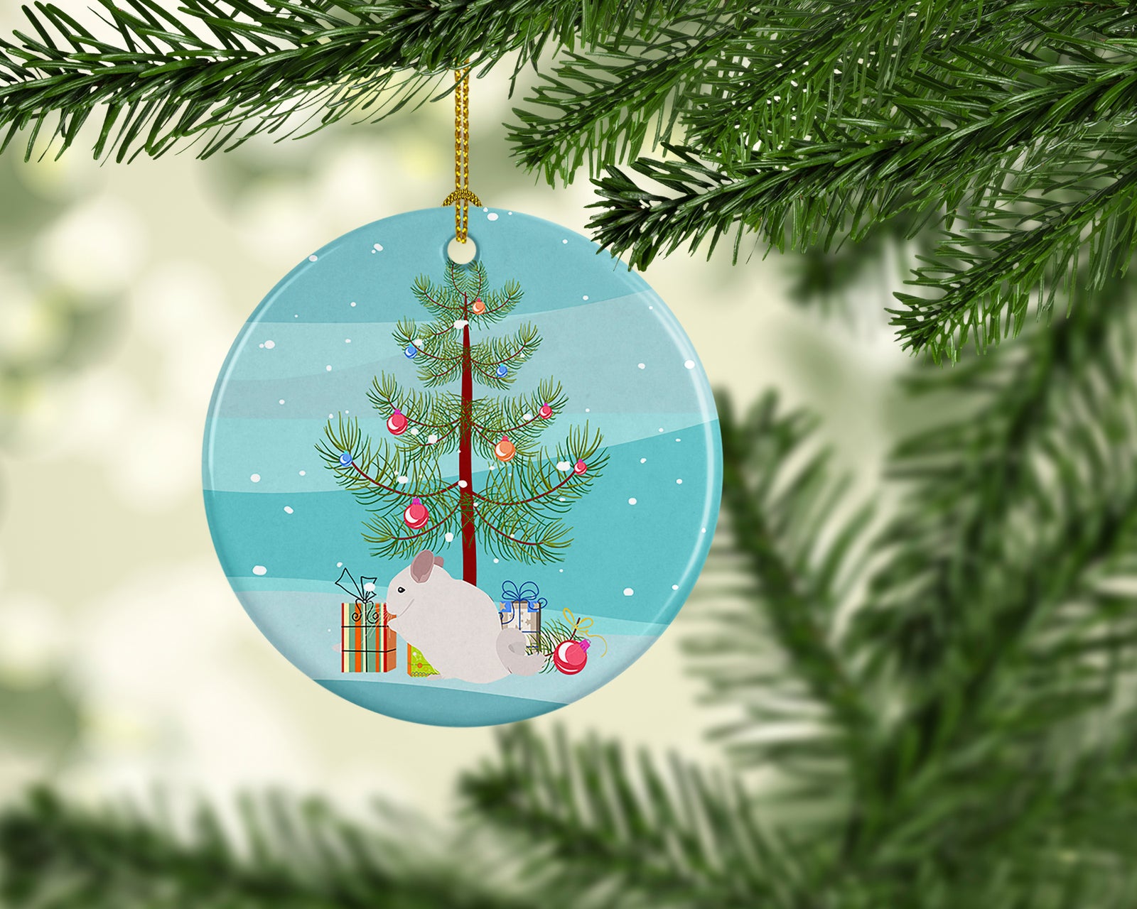 Caroline's Treasures Pink and White Chinchilla Merry Christmas Ornament - Round Ceramic Ornament – Artist-Designed Keepsake Decoration