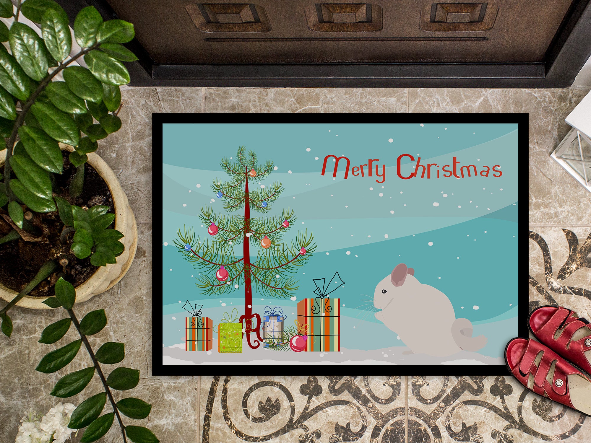 Pink and White Chinchilla Merry Christmas Indoor or Outdoor Mat 18x27 CK4436MAT - the-store.com