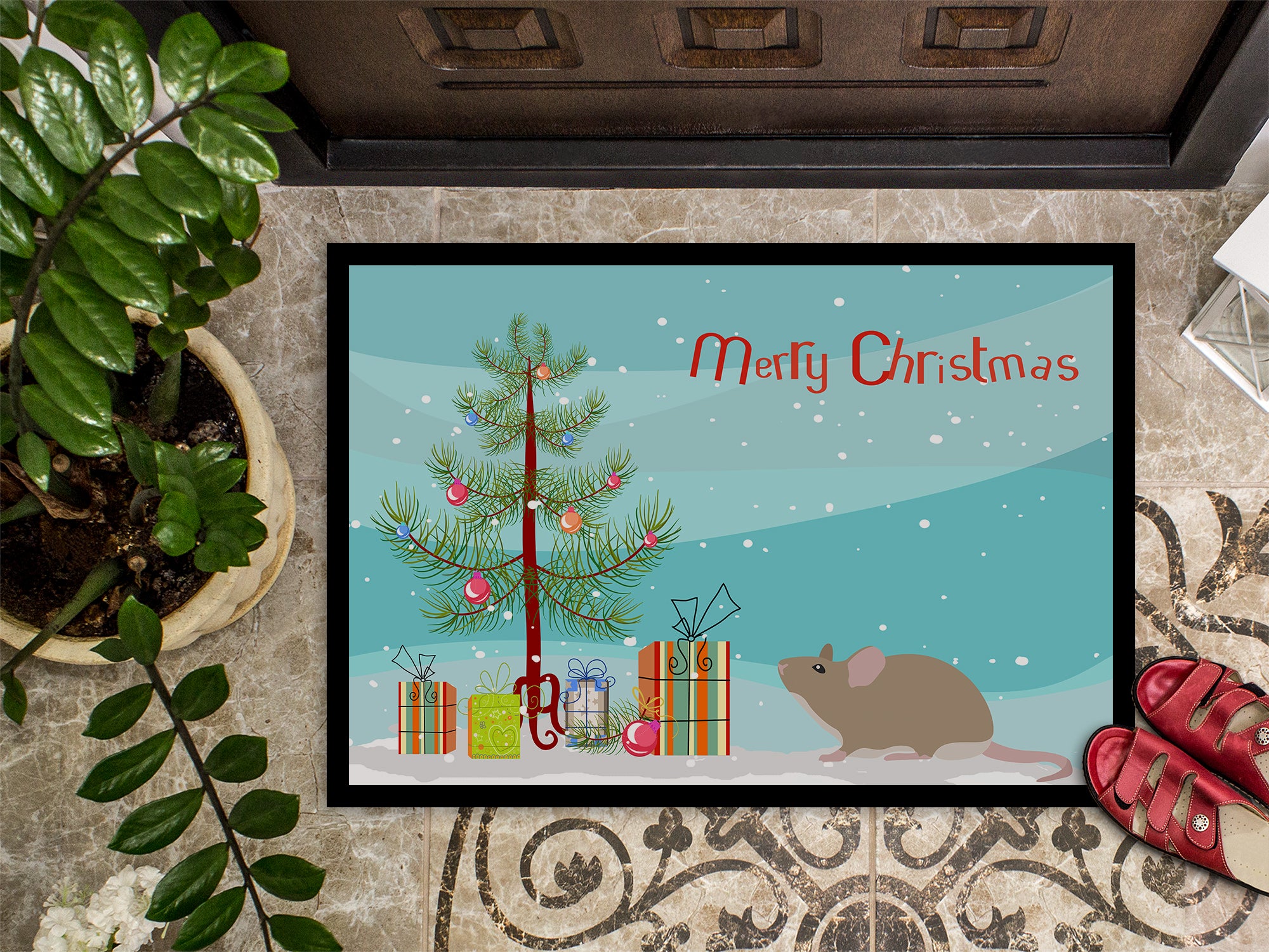 Grey Domestic Mouse Merry Christmas Indoor or Outdoor Mat 18x27 CK4462MAT - the-store.com