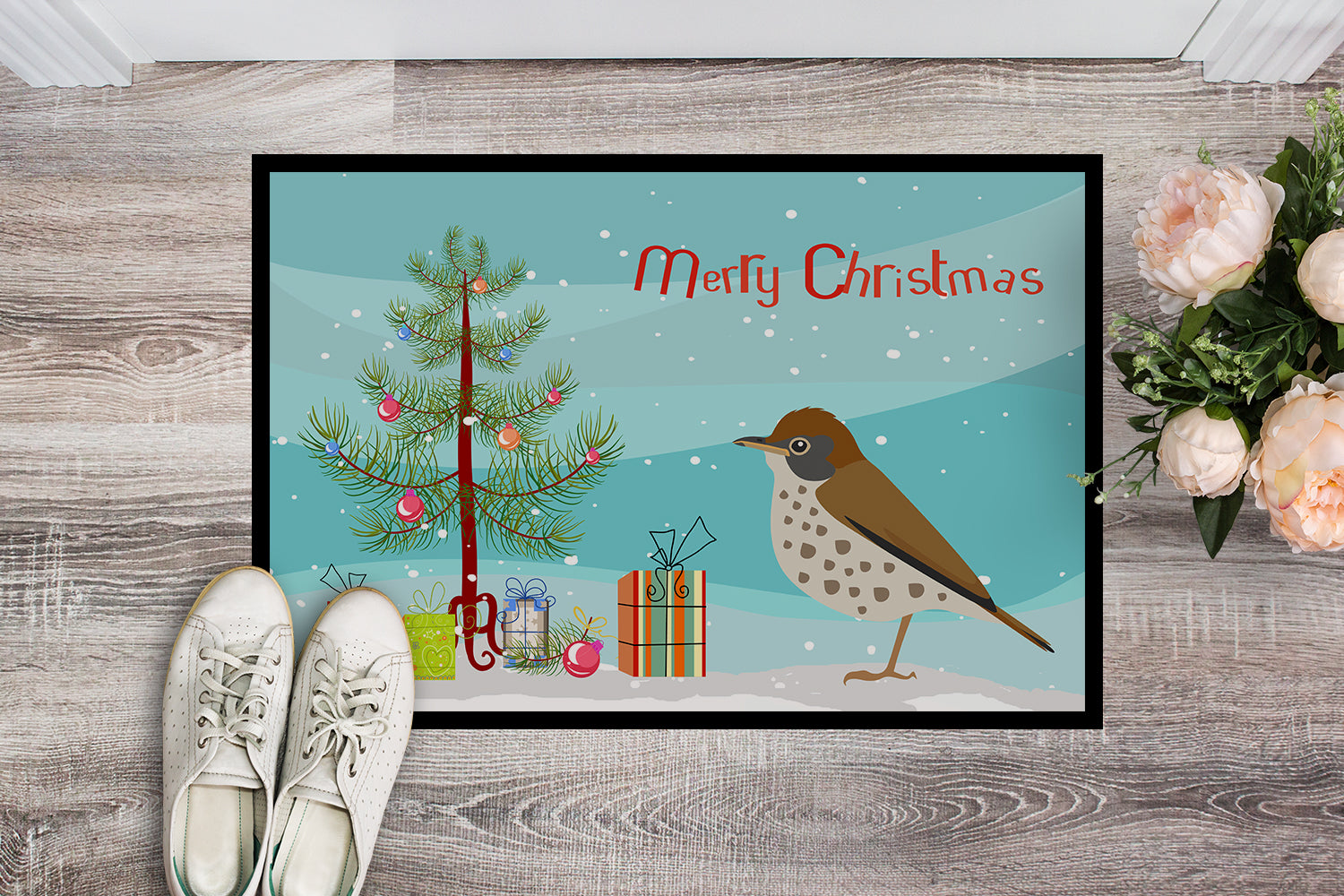 Caroline's Treasures Thrush Merry Christmas Doormat - 18x27 Decorative Floor Mat – Indoor/Outdoor Rug with Artistic Flair CK4493MAT
