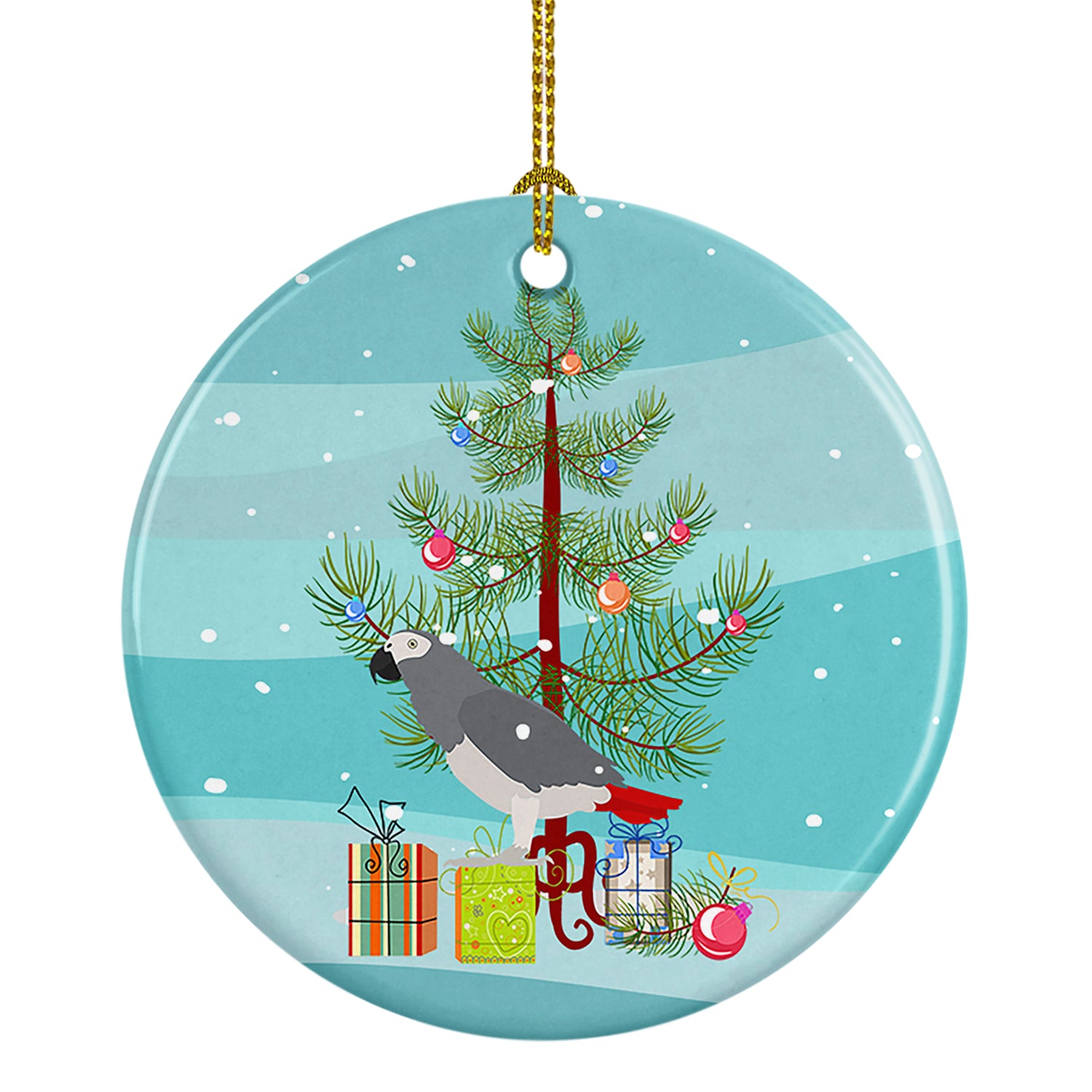Caroline's Treasures African Grey Parrot Merry Christmas Ornament - Round Ceramic Ornament – Artist-Designed Keepsake Decoration