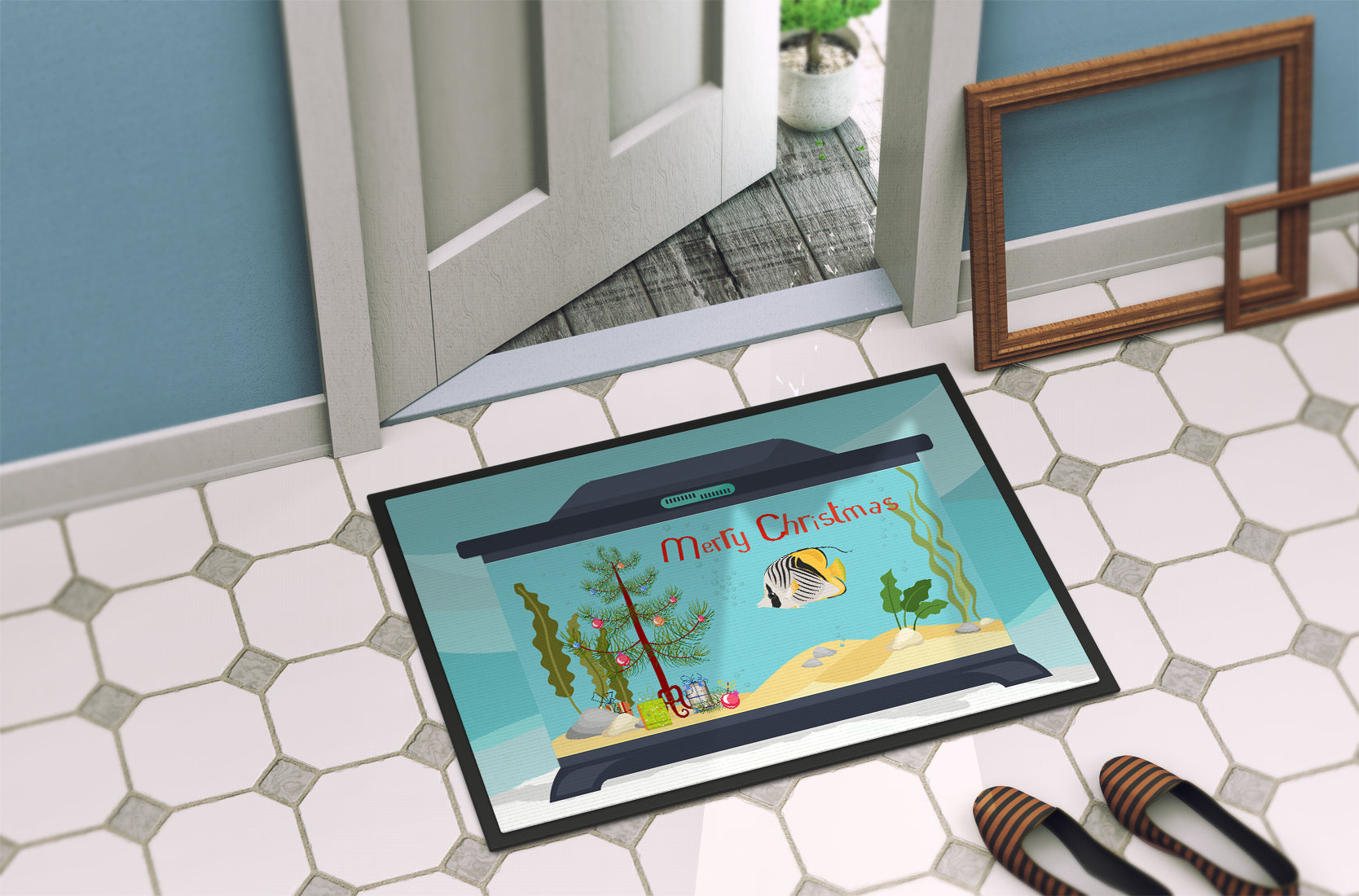 Butterfly Fish Merry Christmas Indoor or Outdoor Mat 18x27 CK4505MAT - the-store.com