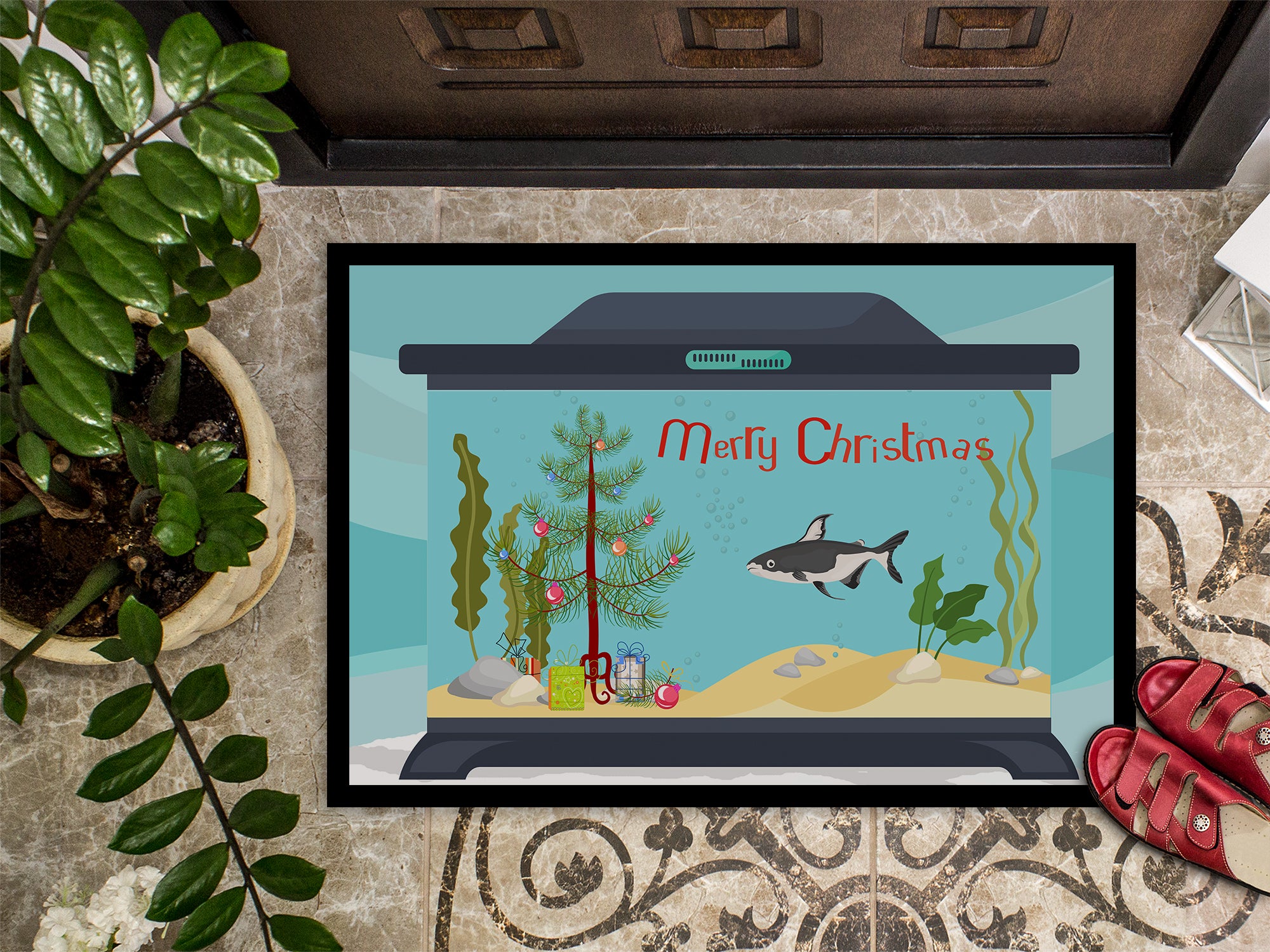 Iridescent Shark Merry Christmas Indoor or Outdoor Mat 18x27 CK4521MAT - the-store.com