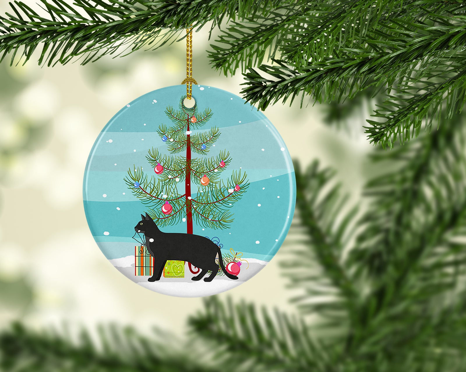 Caroline's Treasures Chausie Black Cat Merry Christmas Ornament - Round Ceramic Ornament – Artist-Designed Keepsake Decoration