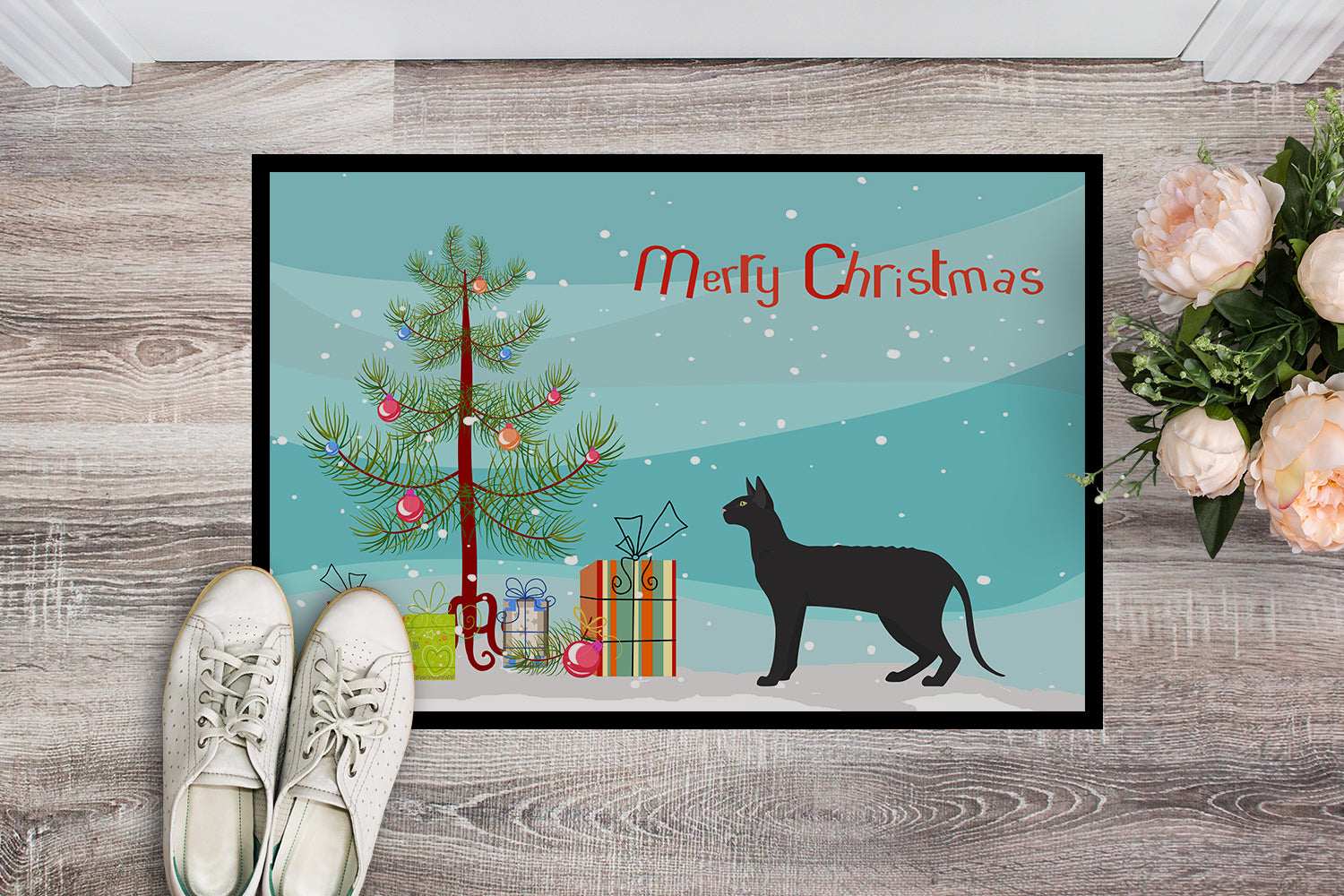 Caroline's Treasures Black Cornish Rex Cat Merry Christmas Doormat - 18x27 Decorative Floor Mat – Indoor/Outdoor Rug with Artistic Flair CK4597MAT