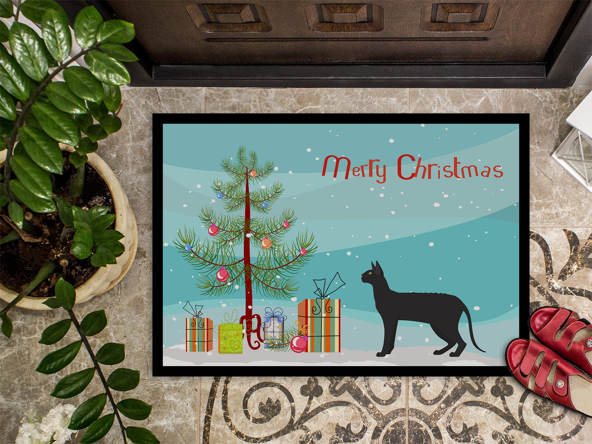 Black Cornish Rex Cat Merry Christmas Indoor or Outdoor Mat 18x27 CK4597MAT - the-store.com