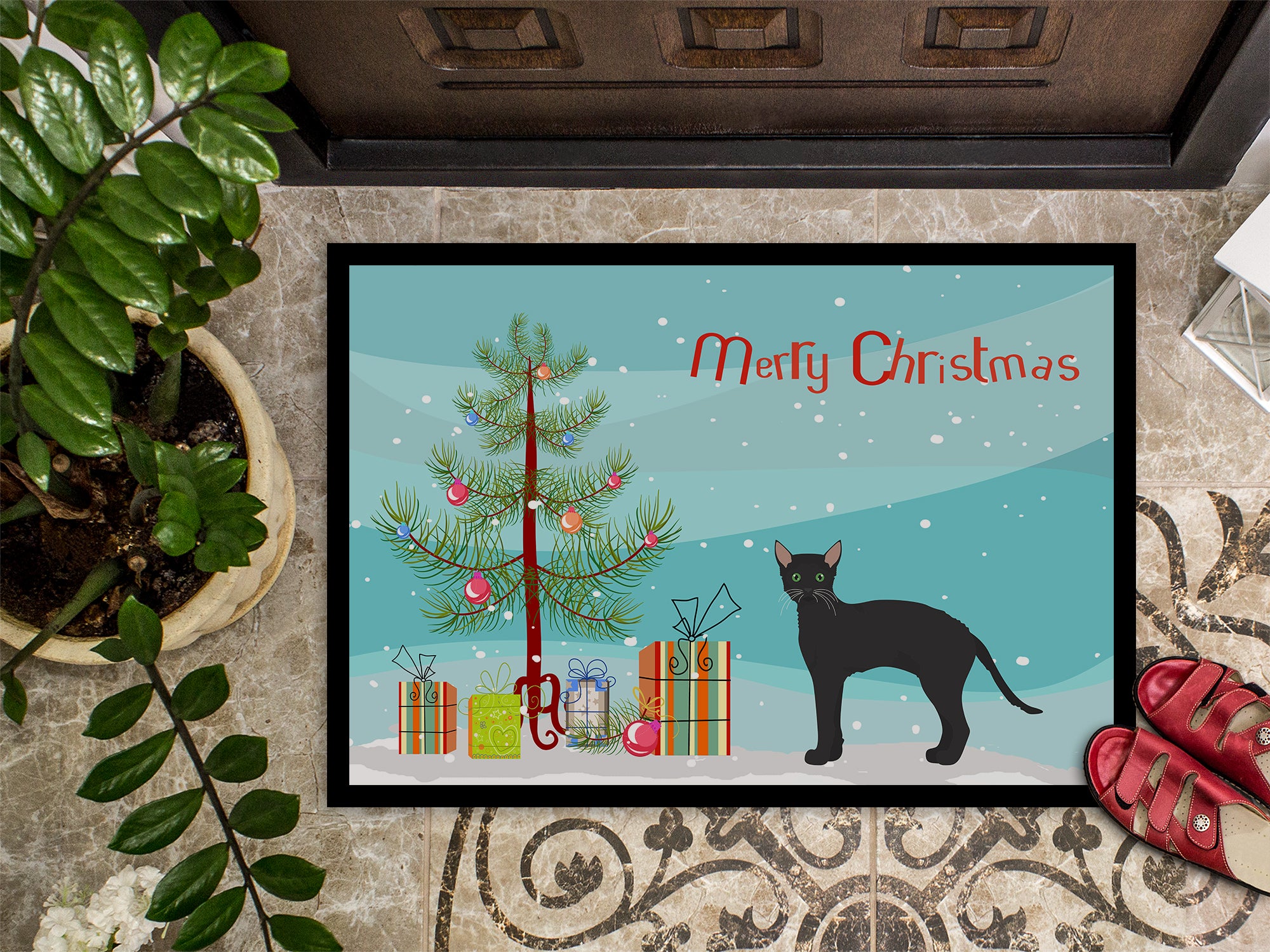 Black German Rex Cat Merry Christmas Indoor or Outdoor Mat 18x27 CK4626MAT - the-store.com