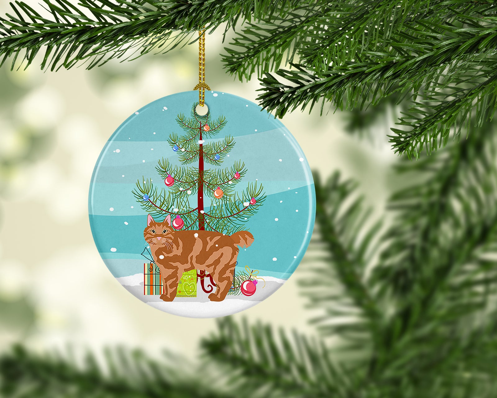 Caroline's Treasures Kurilian Bobtail Cat Merry Christmas Ornament - Round Ceramic Ornament – Artist-Designed Keepsake Decoration