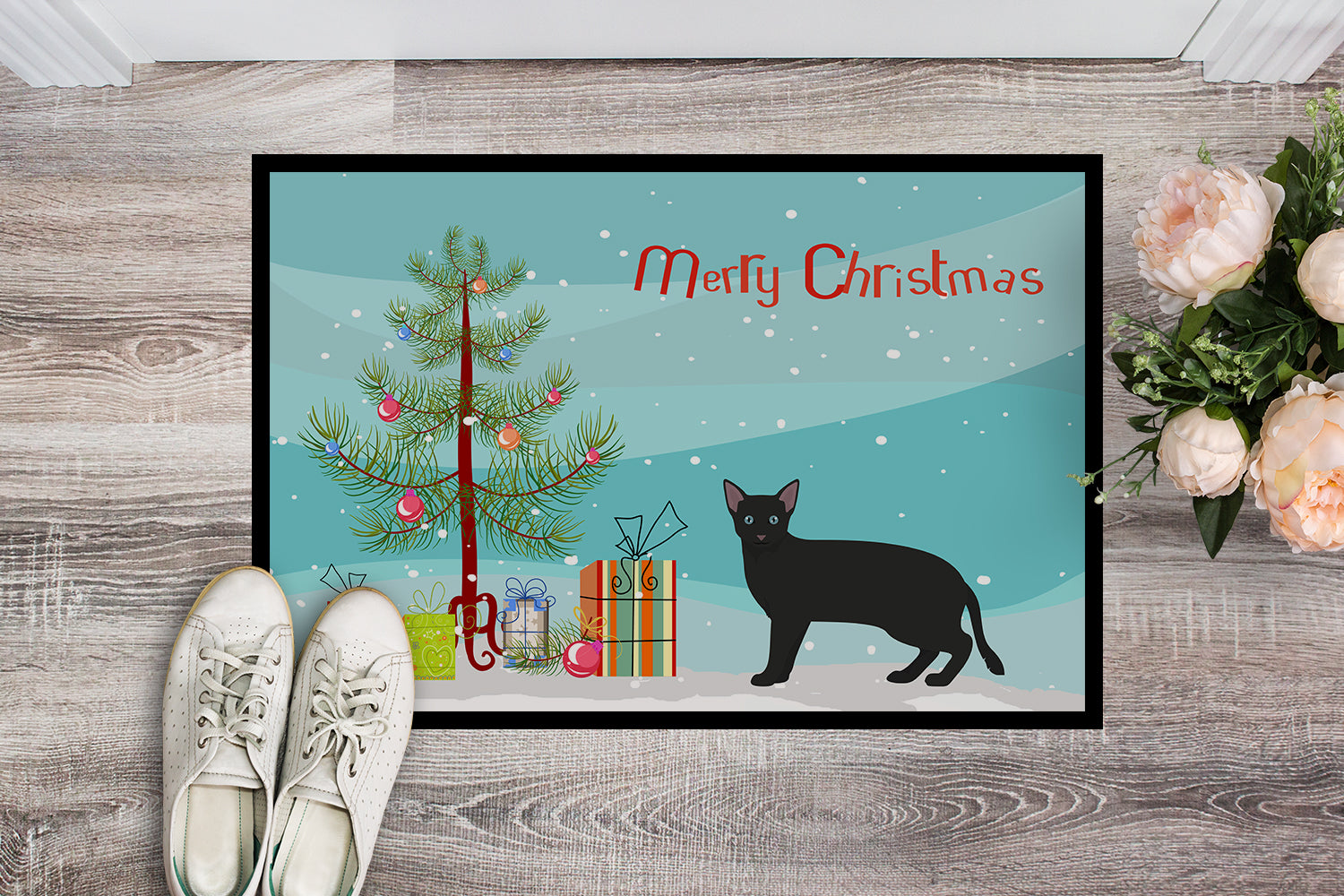 Russian White Black #1 Cat Merry Christmas Indoor or Outdoor Mat 18x27 CK4697MAT - the-store.com