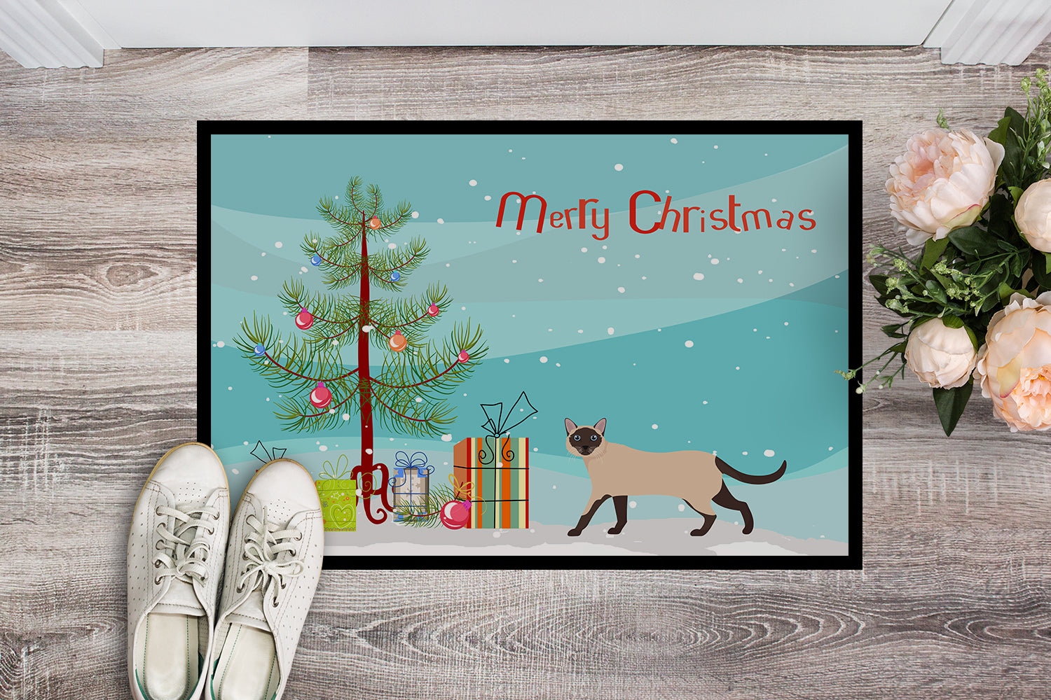 Siamese Traditional #2 Cat Merry Christmas Indoor or Outdoor Mat 18x27 CK4713MAT - the-store.com