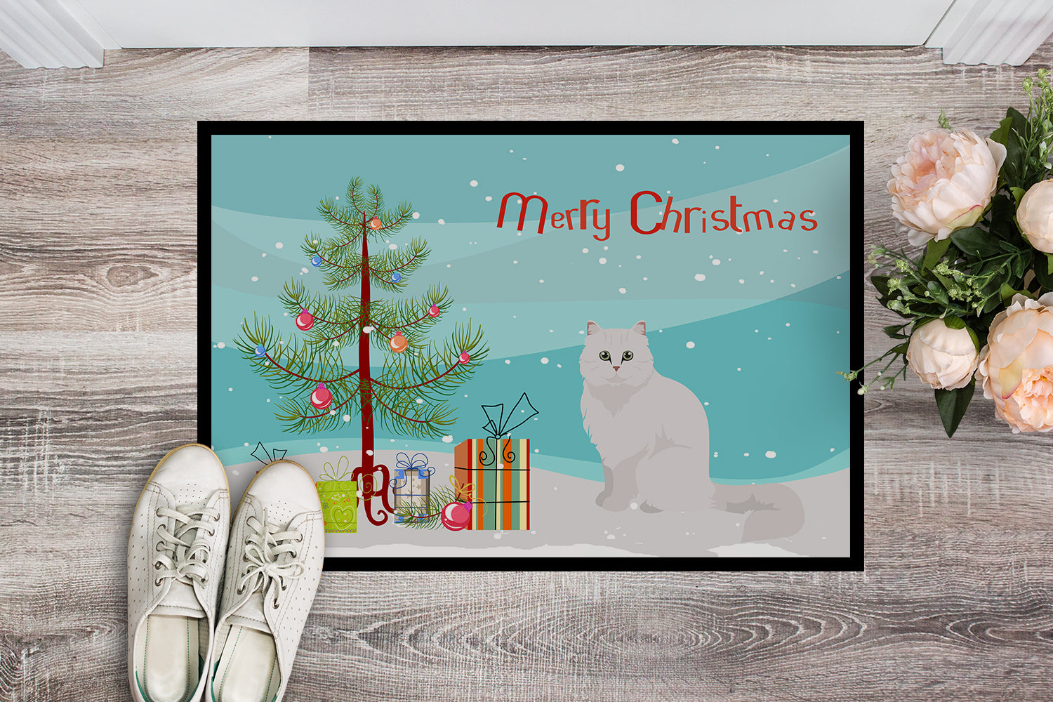 Chinchilla Persian Longhair Cat Merry Christmas Indoor or Outdoor Mat 18x27 CK4758MAT - the-store.com