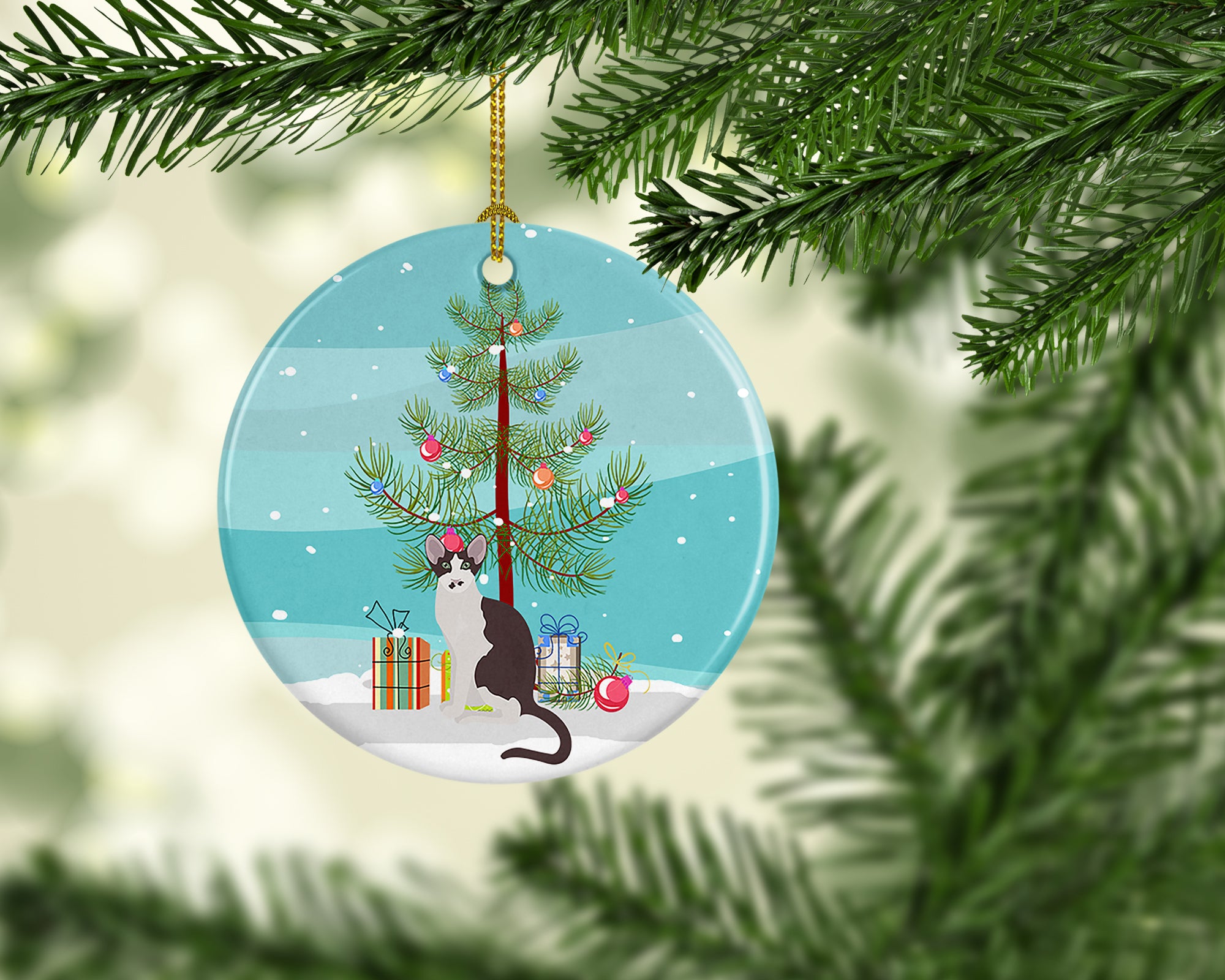 Buy this Oriental Bicolor Cat Merry Christmas Ceramic Ornament
