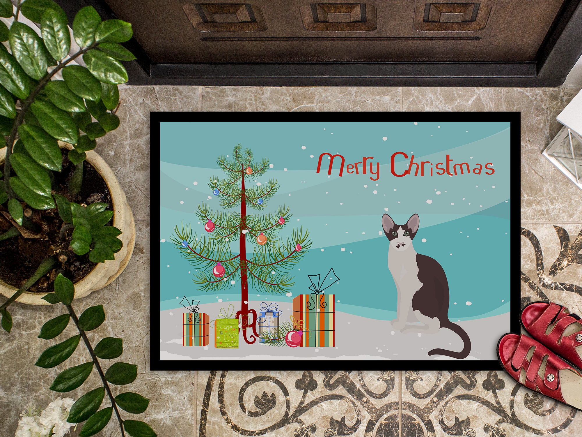 Oriental Bicolor Cat Merry Christmas Indoor or Outdoor Mat 18x27 CK4782MAT - the-store.com