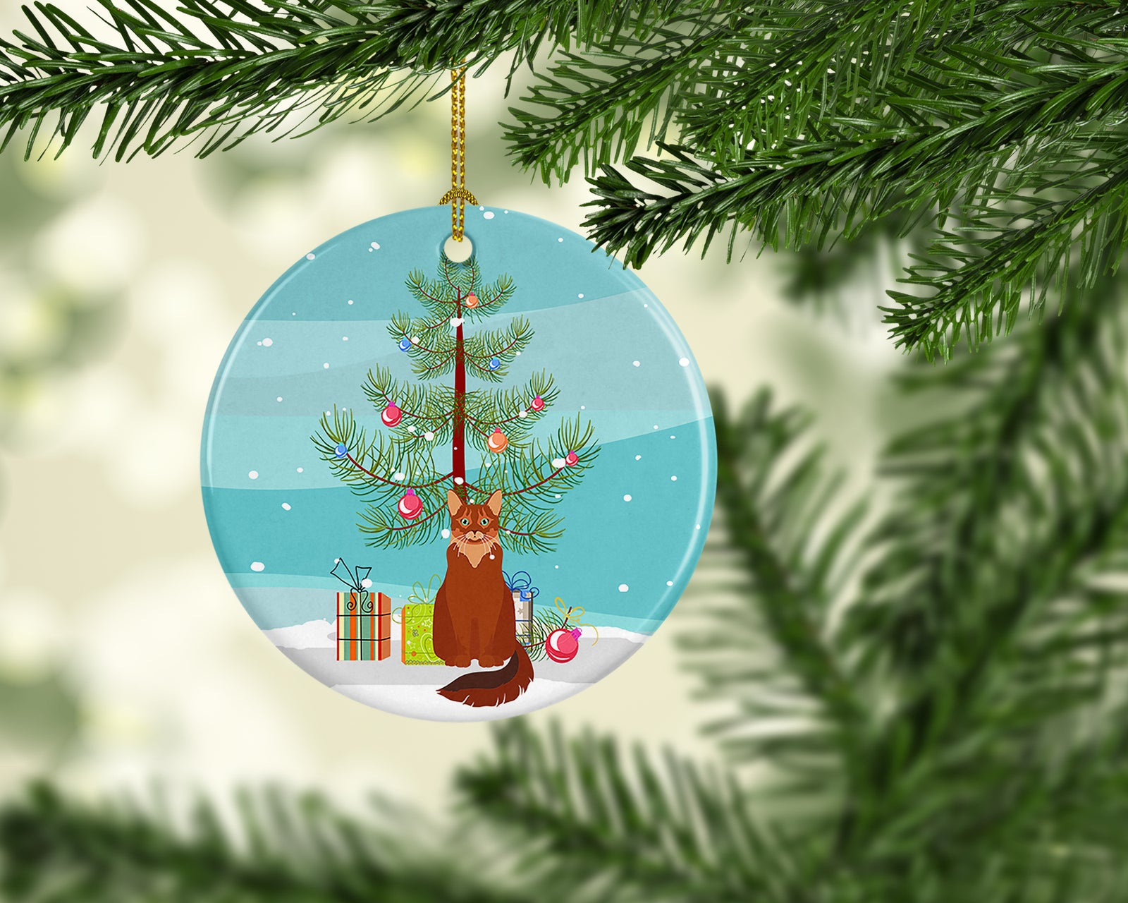 Caroline's Treasures Somali Cat Merry Christmas Ornament - Round Ceramic Ornament – Artist-Designed Keepsake Decoration