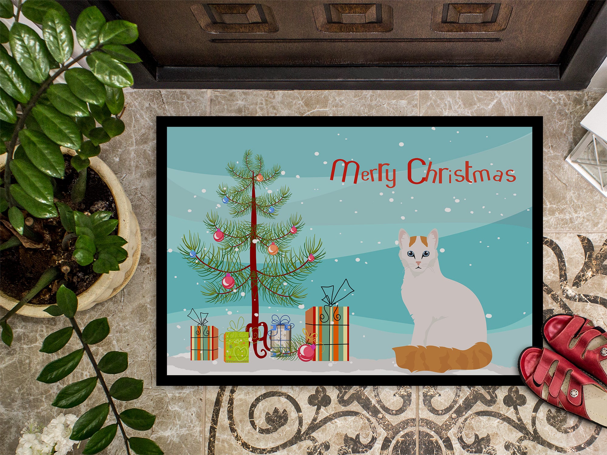 Turkish Van Cat Merry Christmas Indoor or Outdoor Mat 18x27 CK4808MAT - the-store.com