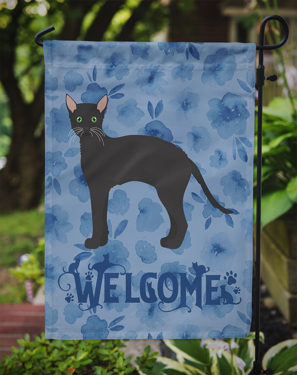 Black German Rex Cat Welcome Flag Garden Size CK4892GF