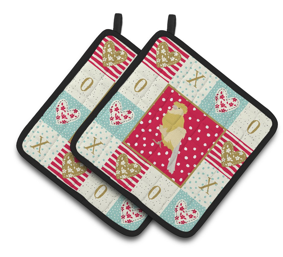 French Curly Canary Love Pair of Pot Holders CK5502PTHD by Caroline&#39;s Treasures