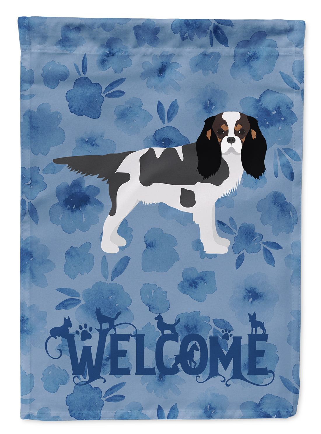 Tricolor Cavalier Spaniel Welcome Flag Canvas House Size CK6068CHF