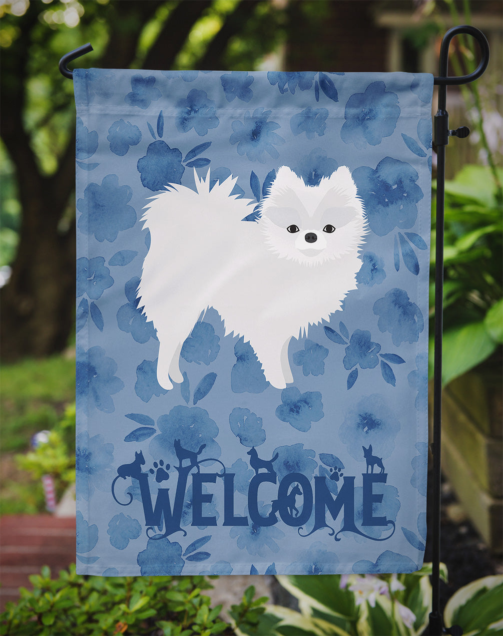 White Pomeranian Welcome Flag Garden Size CK6094GF