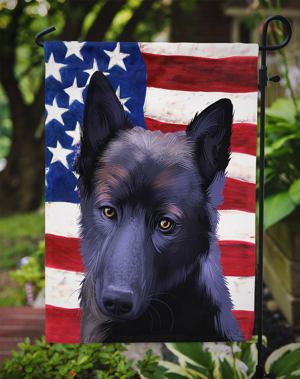 Black Norwegian Elkhound American Flag Flag Garden Size CK6437GF