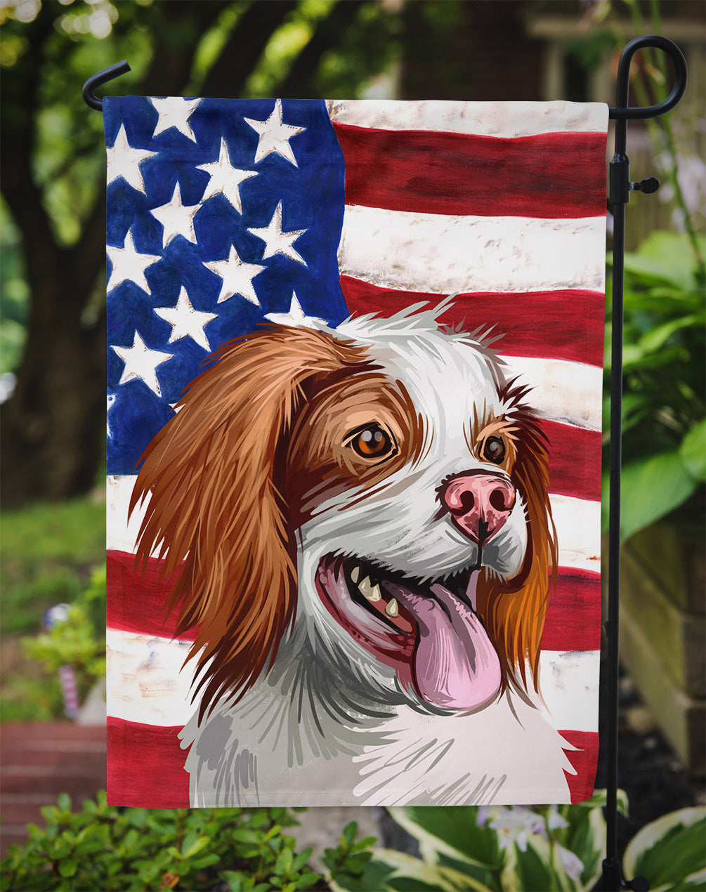 French Brittany Dog American Flag Flag Garden Size CK6529GF  the-store.com.