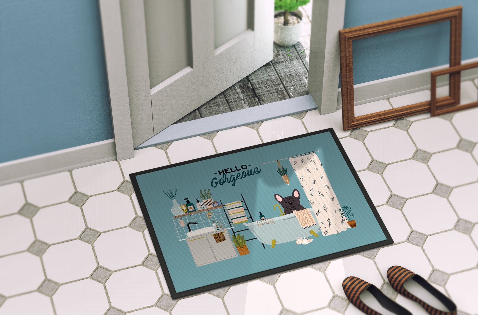 Brindle French Bulldog in Bathtub  Indoor or Outdoor Mat 18x27 CK7431MAT - the-store.com