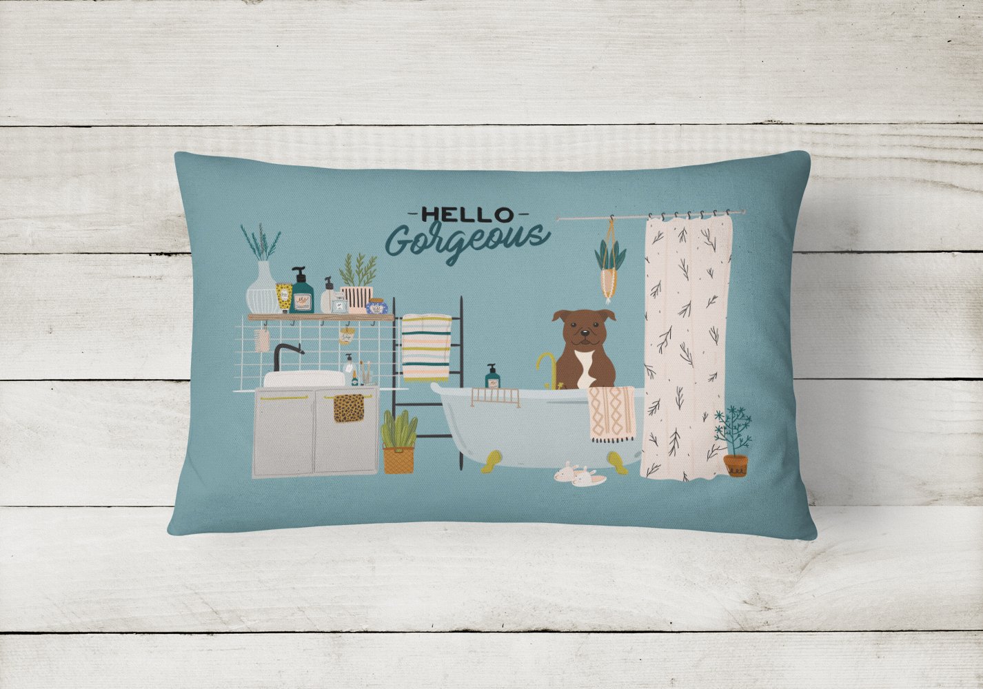 Chocolate Staffordshire Bull Terrier in Bathtub Canvas Fabric Decorative Pillow CK7470PW1216 by Caroline's Treasures