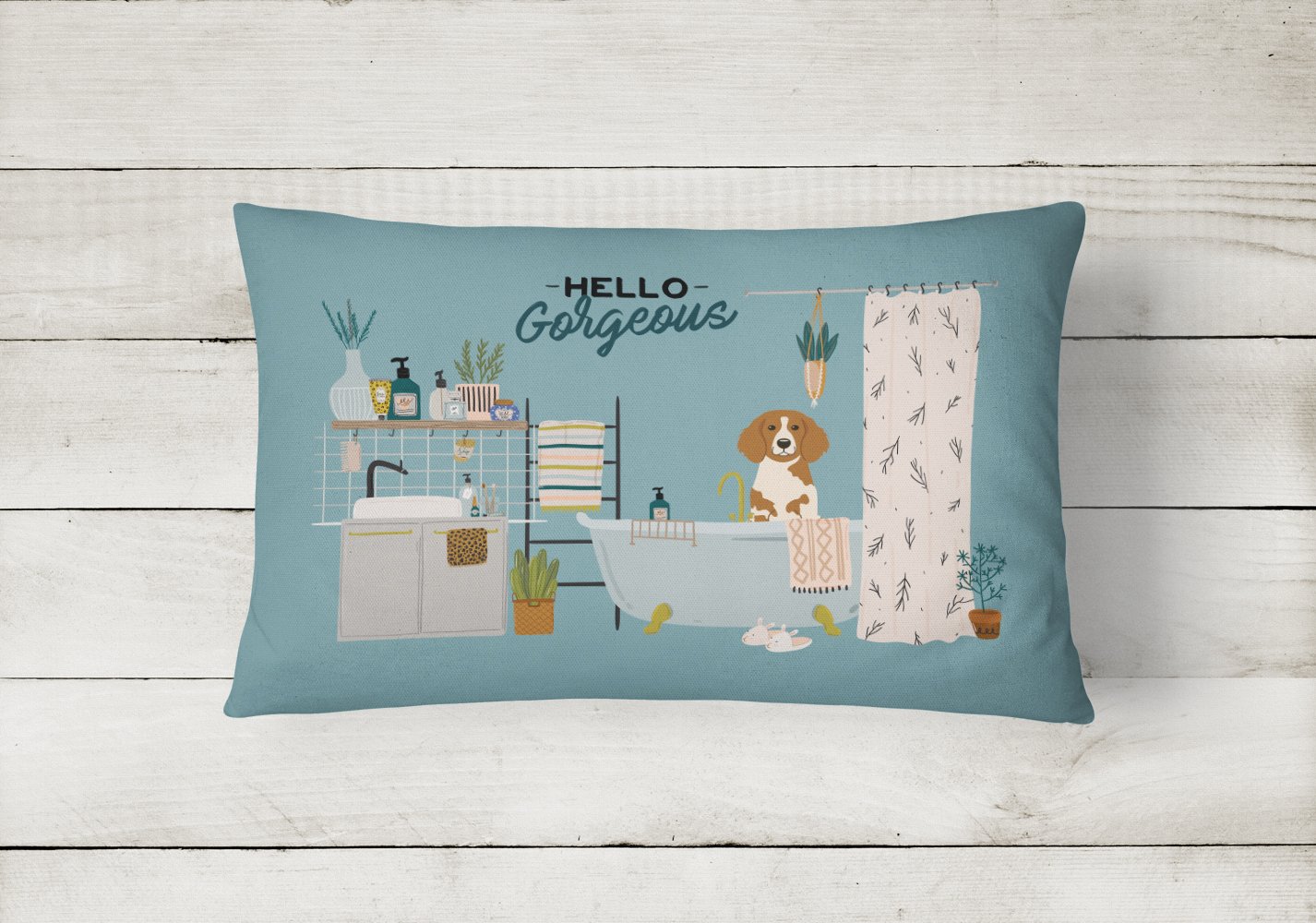 Caroline's Treasures Brittany Spaniel in Bathtub Canvas Fabric Decorative Pillow CK7494PW1216