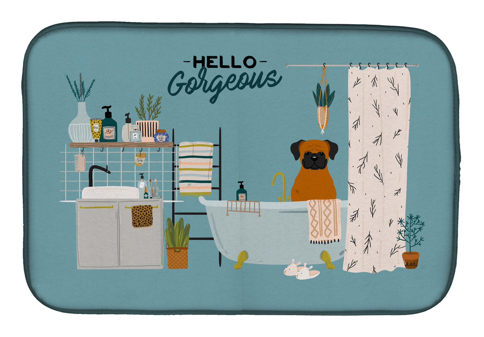 Fawn Boxer in Bathtub Dish Drying Mat CK7537DDM  the-store.com.