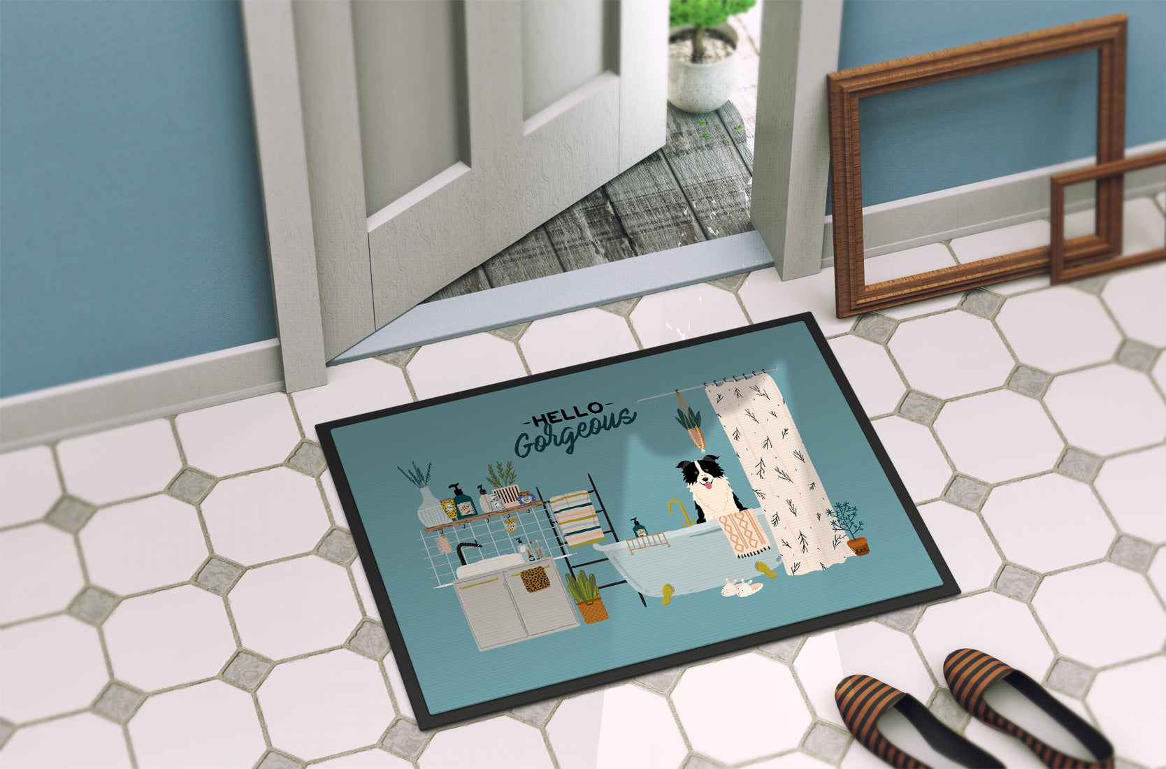 Black White Border Collie in Bathtub Indoor or Outdoor Mat 18x27 CK7540MAT - the-store.com