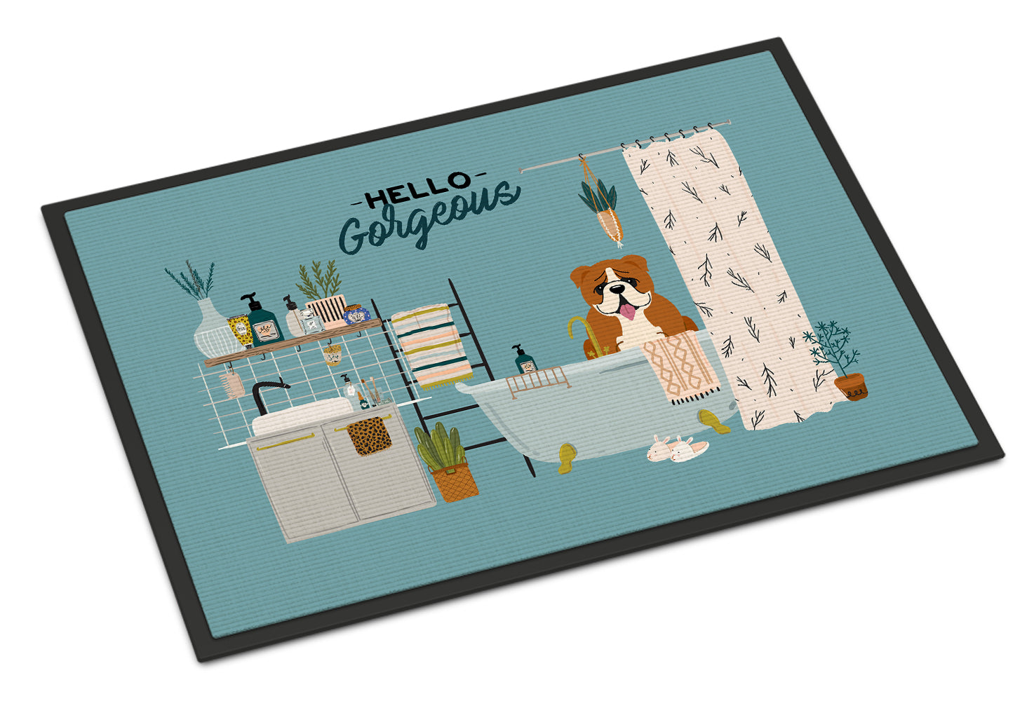 Red White English Bulldog in Bathtub Indoor or Outdoor Mat 18x27 CK7542MAT - the-store.com