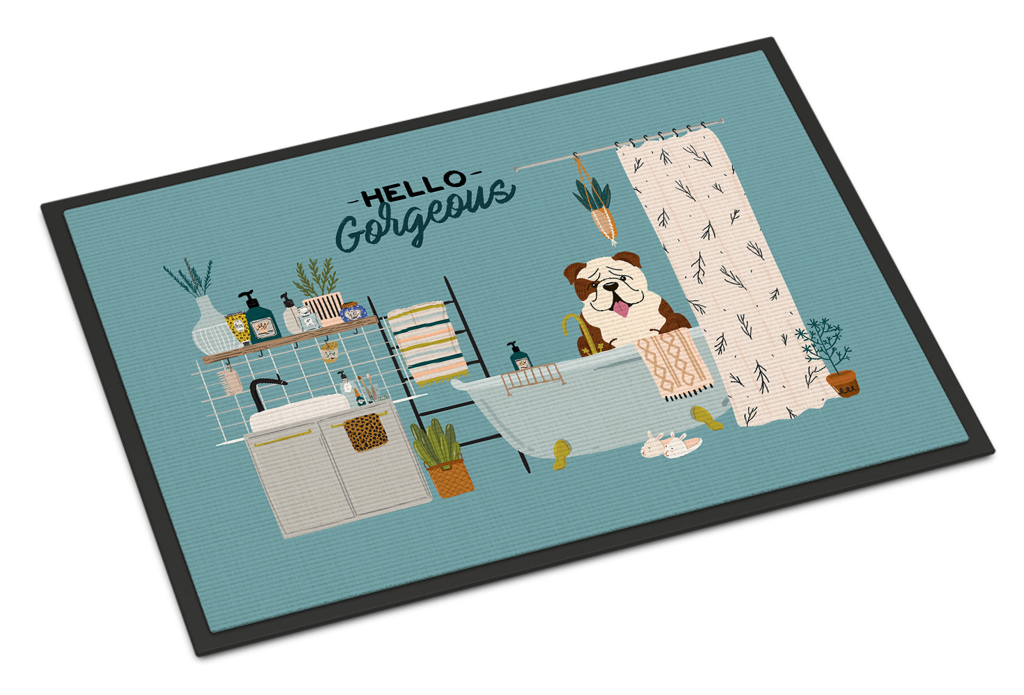 Brindle White English Bulldog in Bathtub Indoor or Outdoor Mat 18x27 CK7543MAT - the-store.com