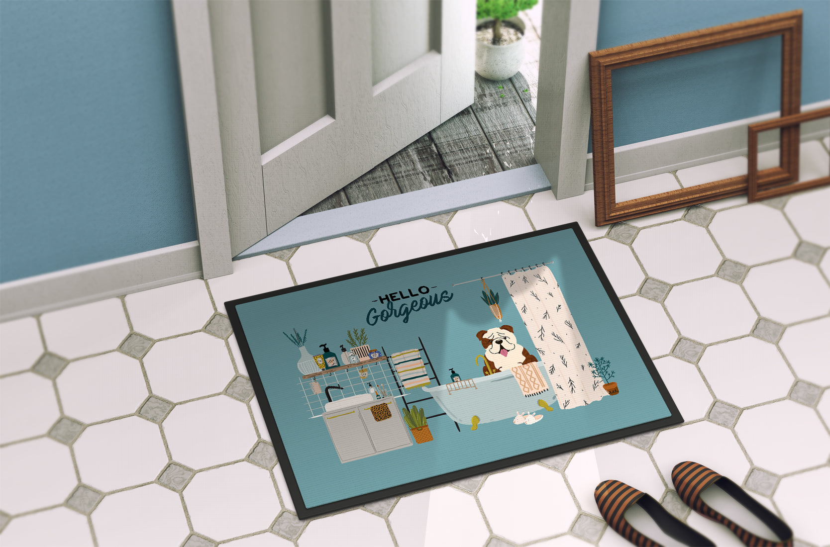 Brindle White English Bulldog in Bathtub Indoor or Outdoor Mat 18x27 CK7543MAT - the-store.com