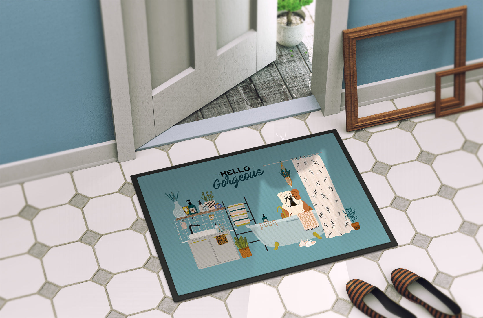 Fawn White English Bulldog in Bathtub Indoor or Outdoor Mat 18x27 CK7547MAT - the-store.com