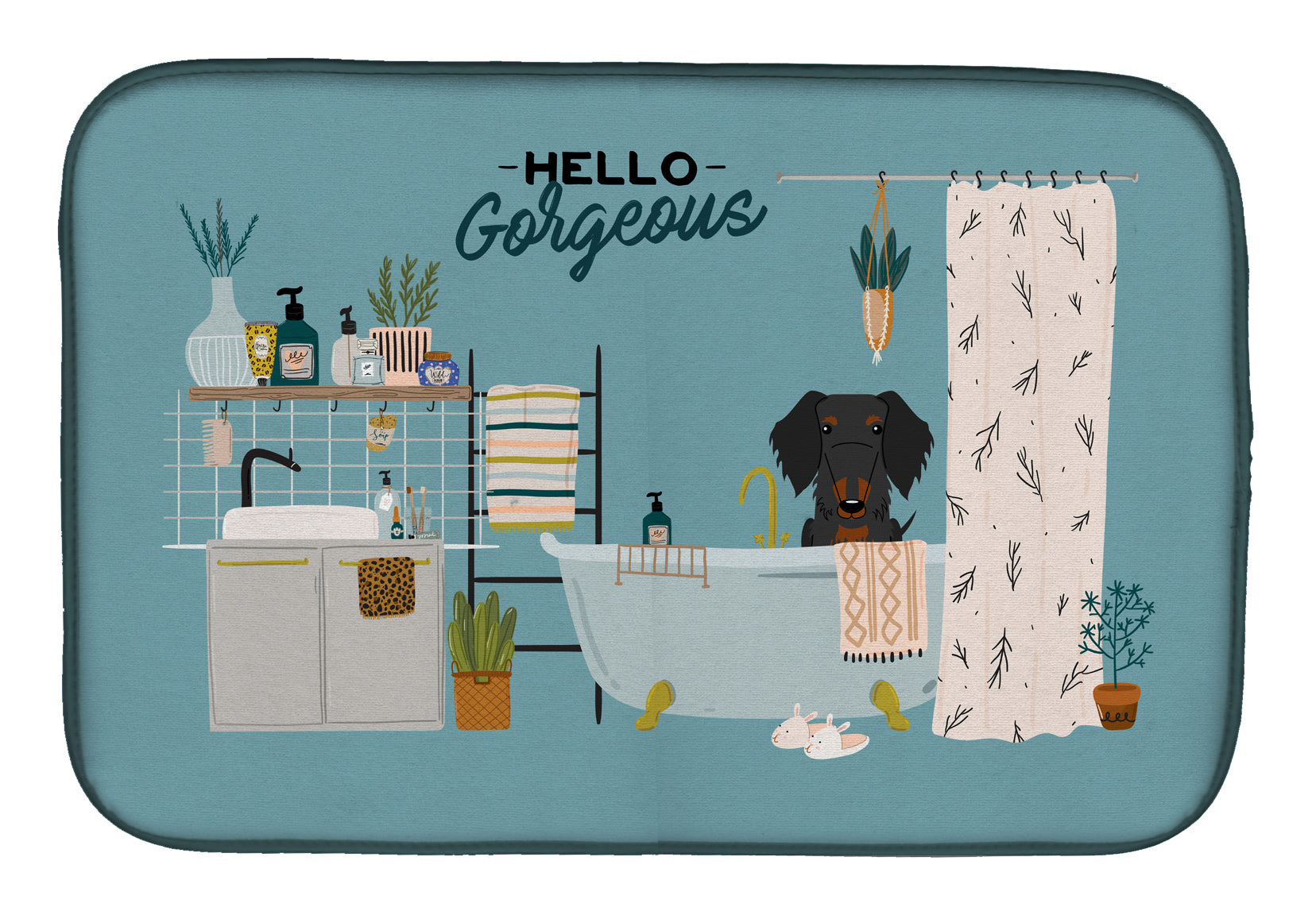 Black Tan Wire Haired Dachshund in Bathtub Dish Drying Mat CK7549DDM  the-store.com.