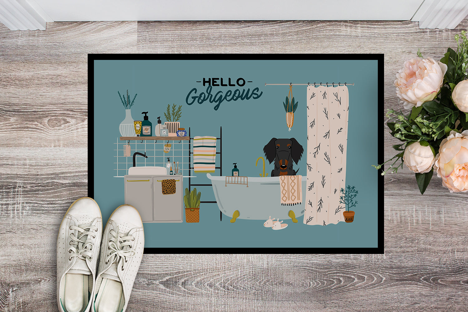 Black Tan Wire Haired Dachshund in Bathtub Indoor or Outdoor Mat 18x27 CK7549MAT - the-store.com