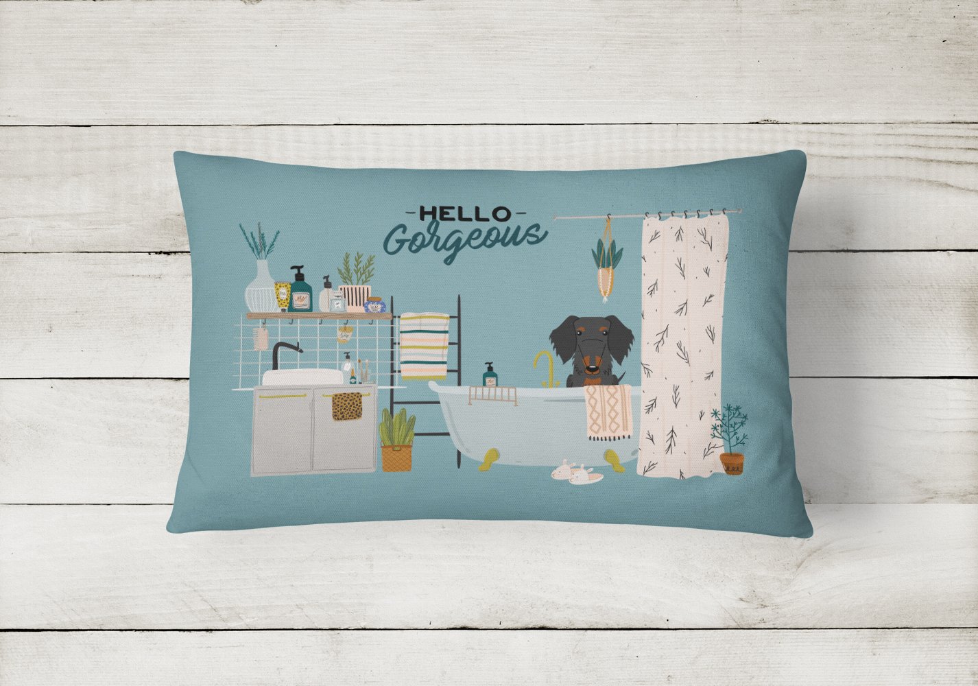 Black Tan Wire Haired Dachshund in Bathtub Canvas Fabric Decorative Pillow CK7549PW1216 by Caroline's Treasures
