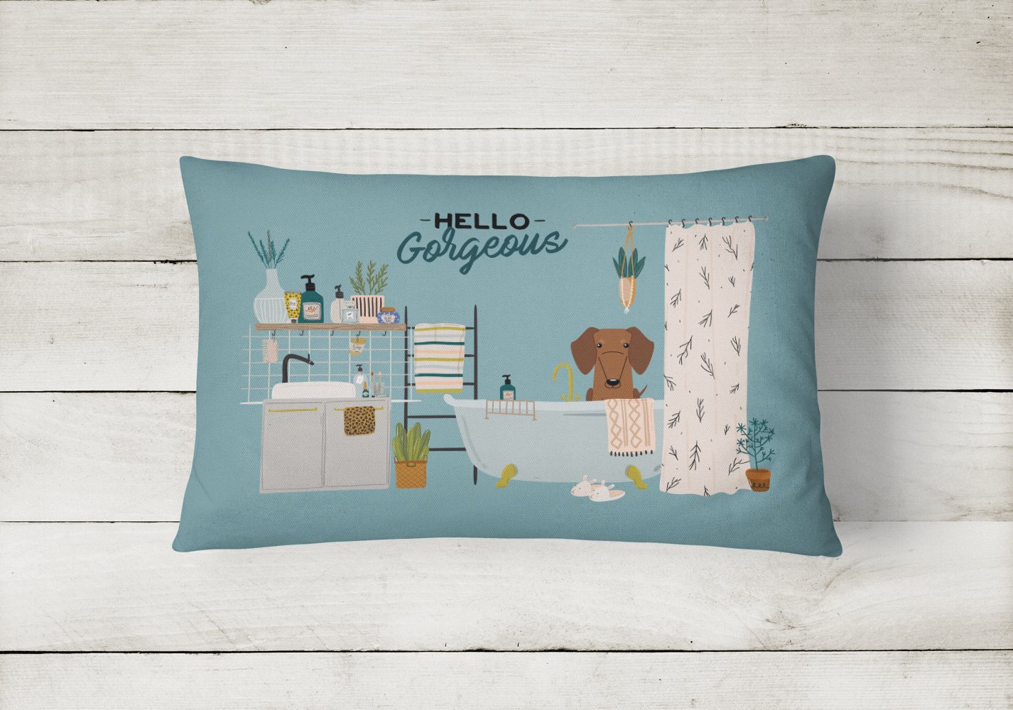 Red Brown Dachshund in Bathtub Canvas Fabric Decorative Pillow CK7552PW1216 by Caroline's Treasures