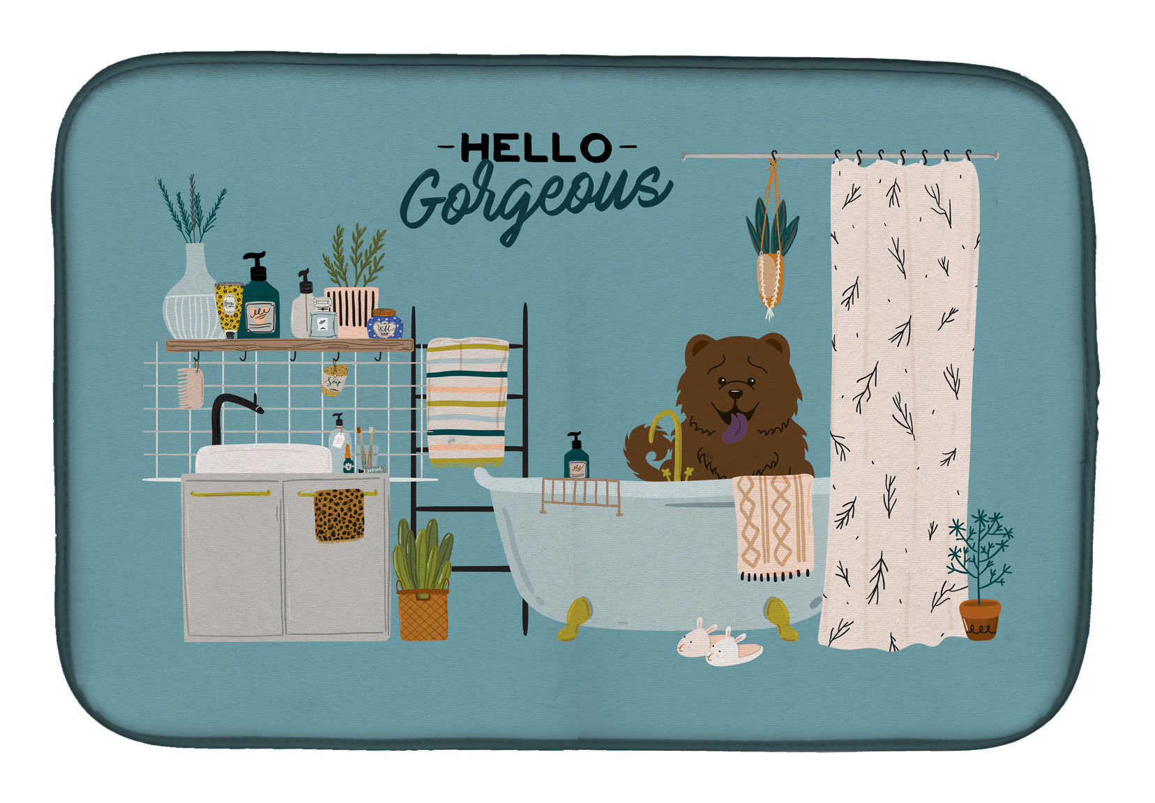 Chocolate Chow Chow in Bathtub Dish Drying Mat CK7563DDM  the-store.com.