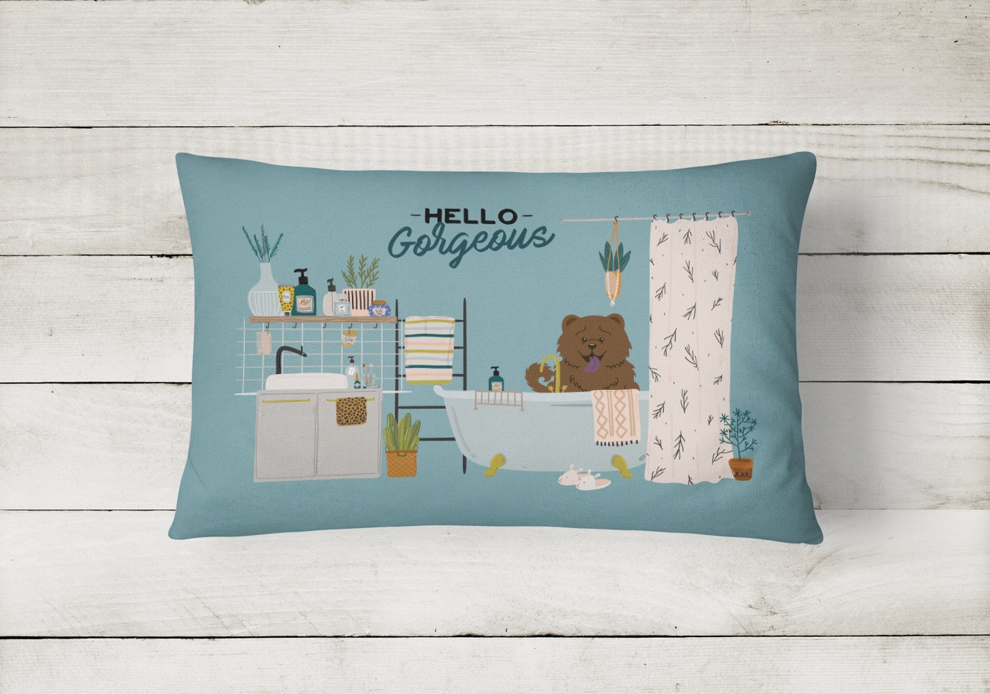 Chocolate Chow Chow in Bathtub Canvas Fabric Decorative Pillow CK7563PW1216 by Caroline's Treasures