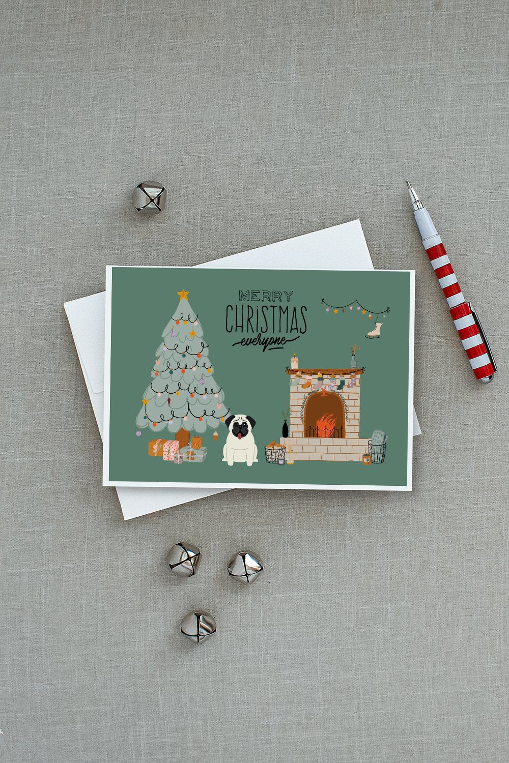 Cream Pug Christmas Everyone Greeting Cards and Envelopes Pack of 8 - the-store.com