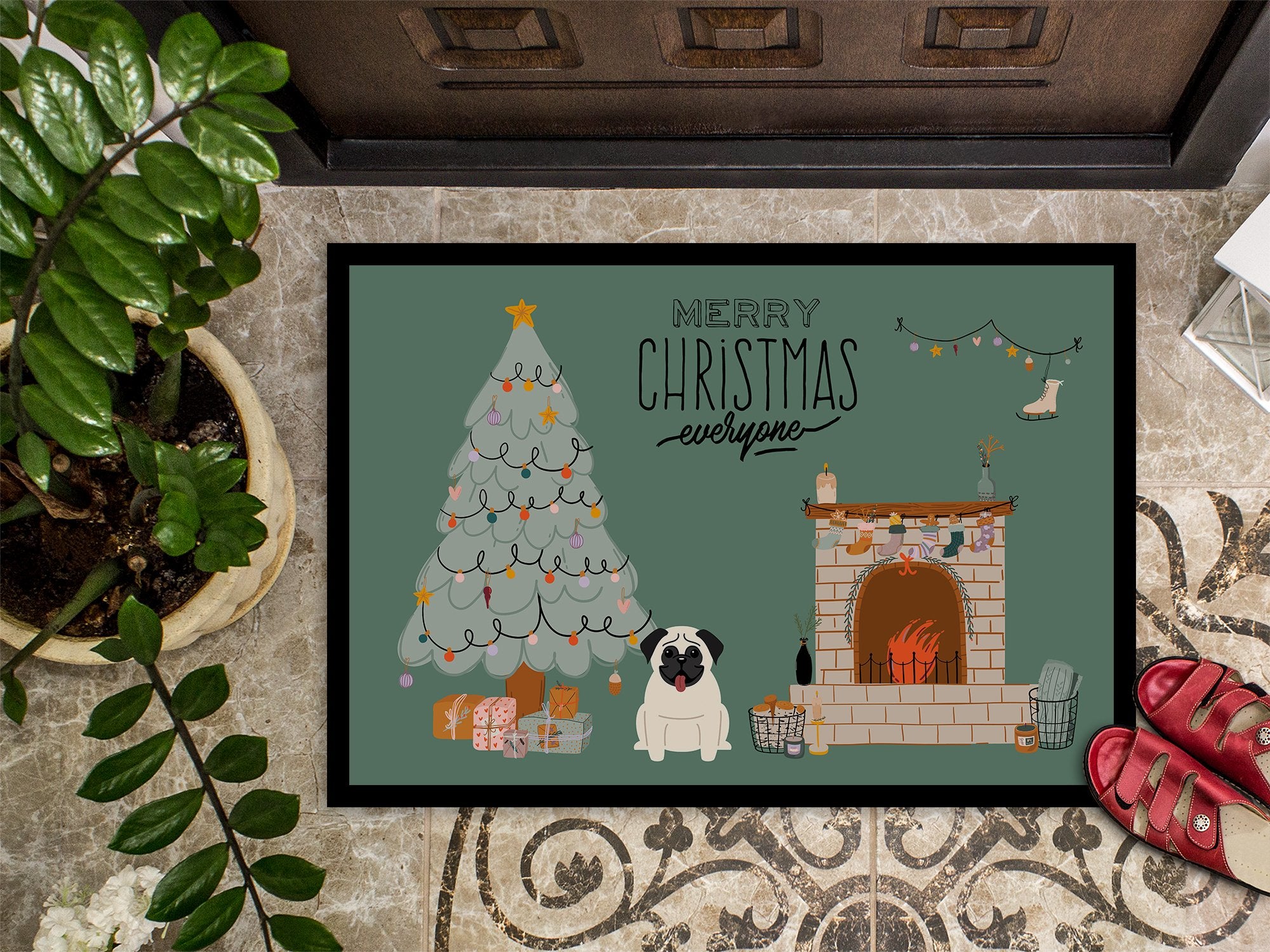 Cream Pug Christmas Everyone Indoor or Outdoor Mat 24x36 CK7567JMAT by Caroline's Treasures