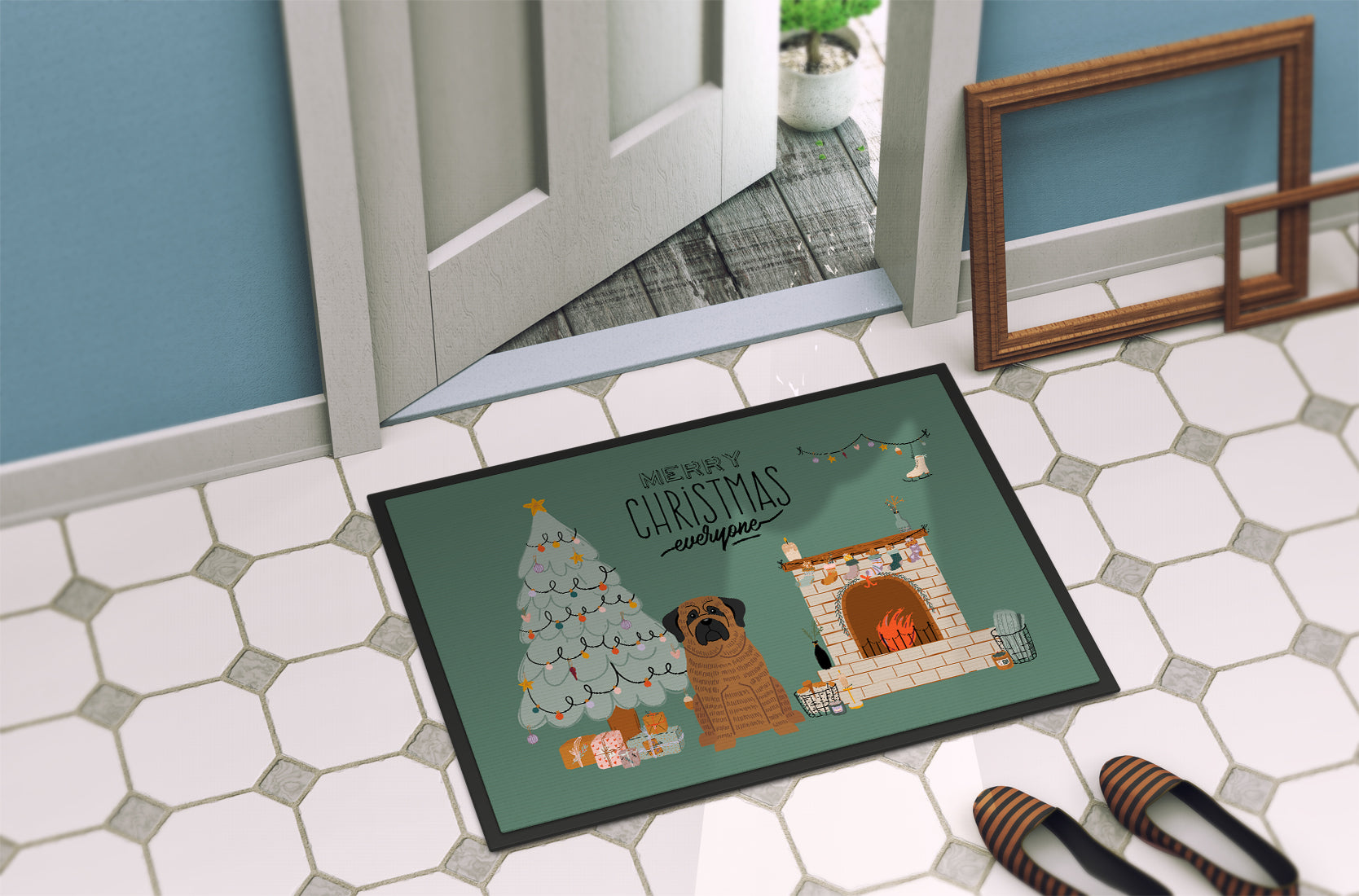 Brindle Mastiff Christmas Everyone Indoor or Outdoor Mat 18x27 CK7578MAT - the-store.com